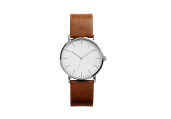 Minimalist silver watch with a clean white face and brown leather band, displayed against a black background