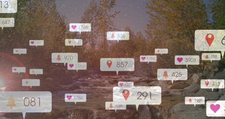 Floating hearts location pins bell icons drifting over rocky river in forest stream with counts