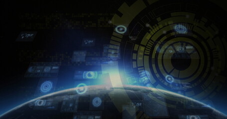 Revealing planet Earth curving in orbit, with holographic UI, hexagonal patterns and lens flare