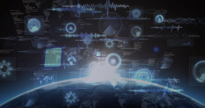 Naklejki Displaying planet Earth in orbit, with glowing horizon, holographic UI panels and radar displays