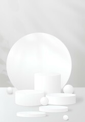 Minimalist white pedestal podiums with round shapes for product presentation