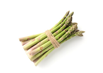 Bunch of fresh raw asparagus spears isolated on white, top view