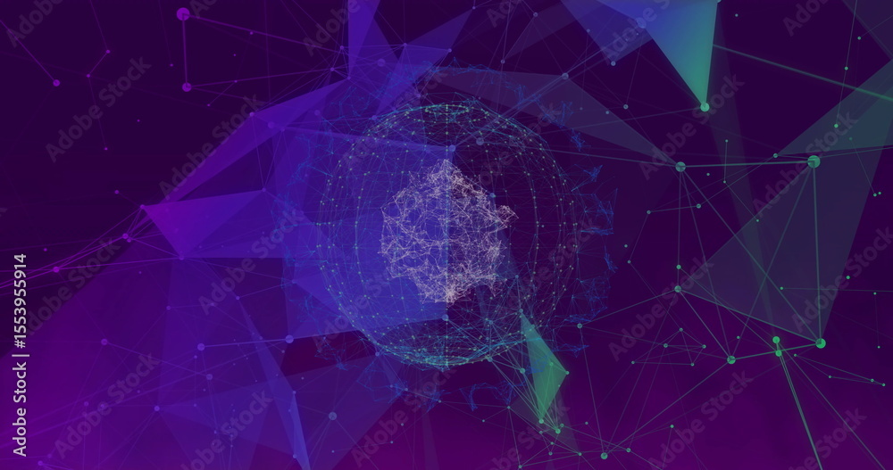 Poster glowing network sphere rotating in virtual cyberspace, with glowing nodes and connecting lines