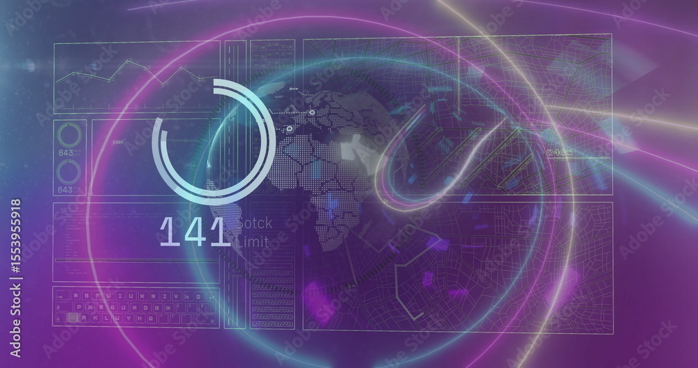 Poster displaying circular progress chart labeled 141 on dashboard, with keyboard layout and neon trails