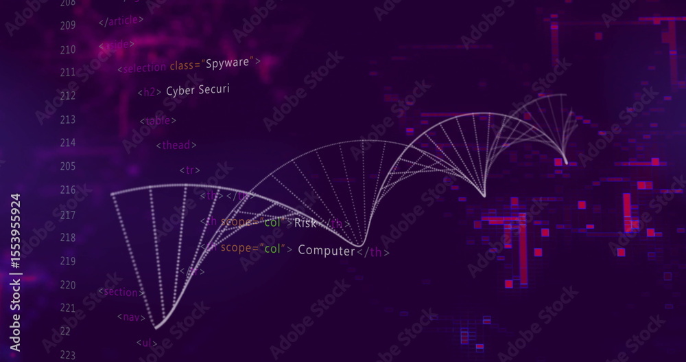 Poster displaying white arc network diagram on purple interface, featuring html snippets and glitch blocks