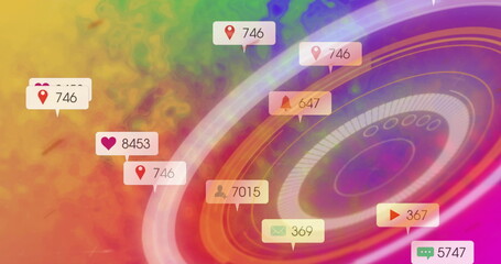 Floating notifications pulsing on neon interface, with pin heart user envelope bell play chat icons