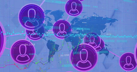 Displaying cluster of purple user icons connecting across blue world map, showing global metrics