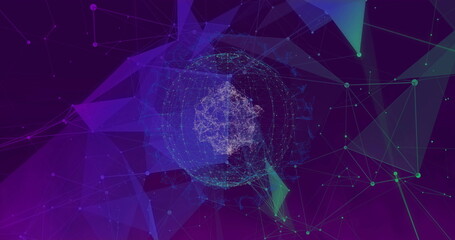 Glowing network sphere rotating in virtual cyberspace, with glowing nodes and connecting lines