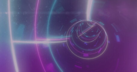 Rotating neon rings swirling tunnel with glowing trails around luminous sphere in virtual space