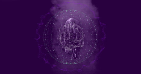 Rotating wireframe humanoid figure floating inside virtual sphere, with teal network nodes