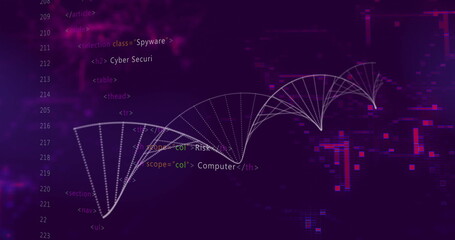 Displaying white arc network diagram on purple interface, featuring HTML snippets and glitch blocks
