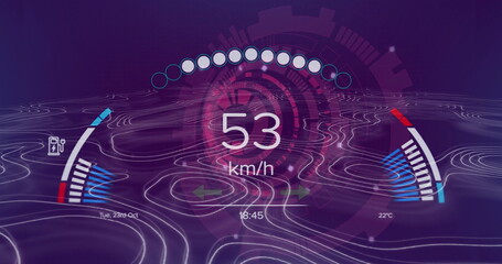 HUD displaying 53 km or h speed, nodes, battery and temperature gauges, date and time, in purple gri