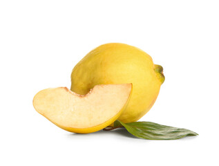 Fresh quince with cut piece on white background