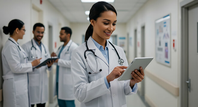 Young female docter read medical report on his tablet at hospita coridor