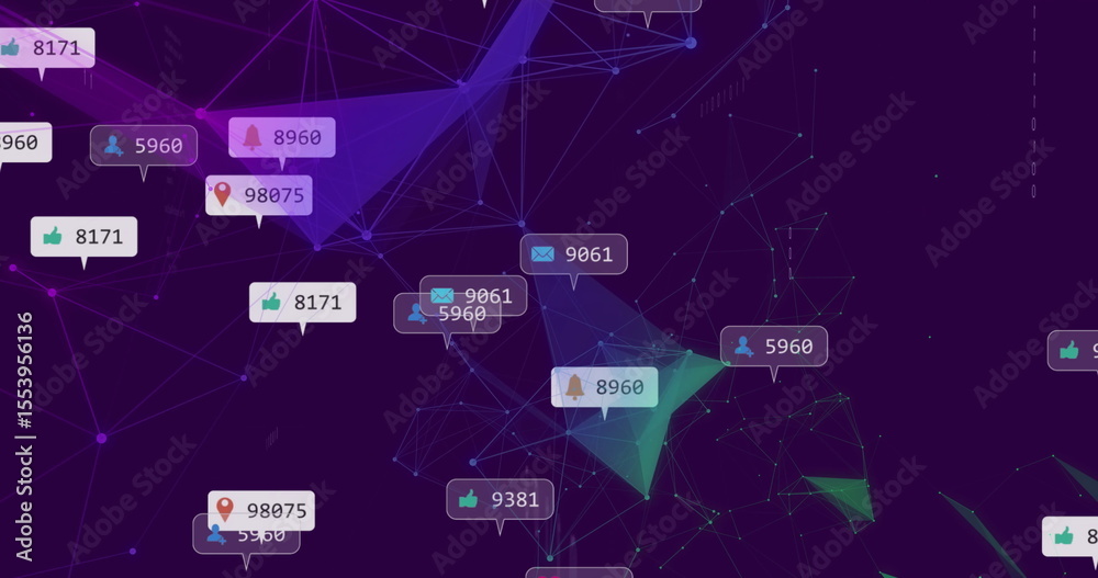 Poster displaying network cluster pulsing at tech dashboard, with floating notification bubbles and mesh