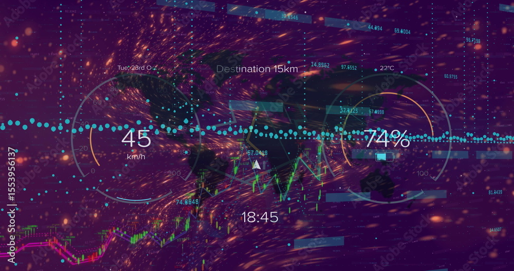 Poster displaying data overlay at virtual dashboard, with circular gauges, line chart and text indicators