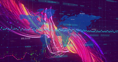 Displaying abstract data ribbons flowing across world map on grid interface, with numeric labels