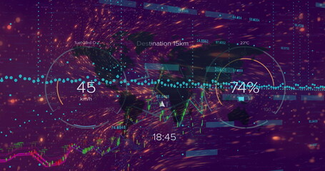 Displaying data overlay at virtual dashboard, with circular gauges, line chart and text indicators