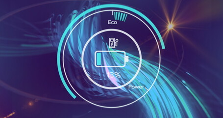 Displaying battery indicator on screen with plug icon and rings showing 13% charge Eco or Power labe