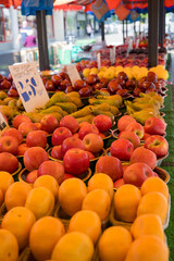 Fresh red apples, outdoor fruit farm market