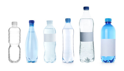 Plastic bottles with water on white background, set