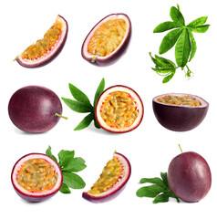 Passion fruits and green leaves isolated on white, set