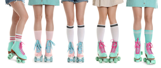Women in retro roller skates on white background, closeup. Collage