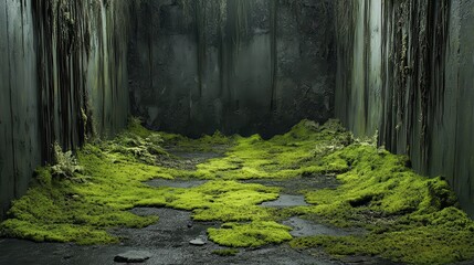 Obraz premium Moss-covered floor in a dark, industrial space.