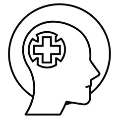 Minimalist line art icon of a human head in profile with medical cross symbol