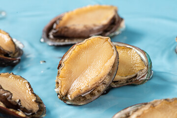 fresh raw abalones in water.