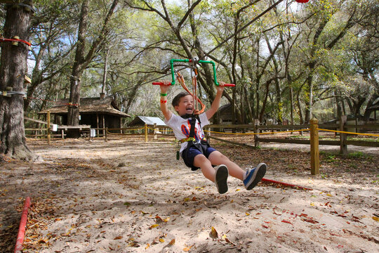 Happy Child Ziplining in Outdoor Adventure Park

