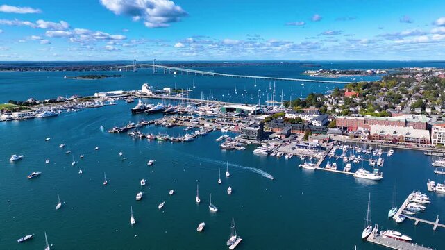 Newport Harbor aerial view with Claiborne Pell Newport Bridge at the background in Narragansett Bay, city of Newport, Rhode Island RI, USA. 