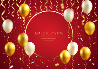 Elegant Red Party Background with Gold Balloons and Confetti Frame