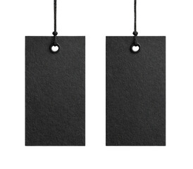Two identical black rectangular tags with string and eyelets, isolated on black background