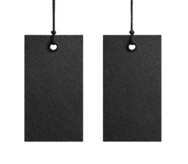 Two identical black rectangular tags with string and eyelets, isolated on black background