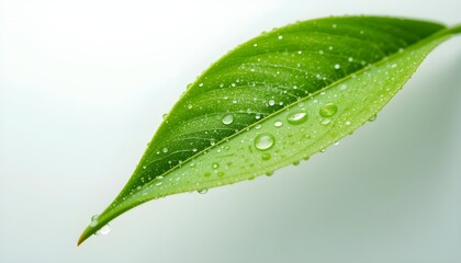 Fototapeta premium Close-up of a single vibrant green leaf with dew drops, on a white background