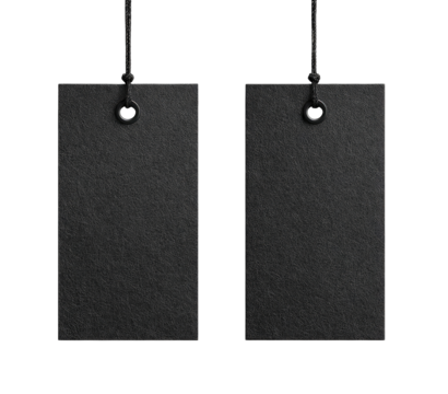 Two identical black rectangular tags with string and eyelets, isolated on black background - Powered by Adobe