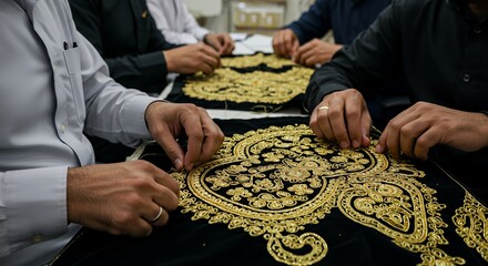 Skilled Hands Embroidering Intricate Gold Thread on Luxurious Black Fabric