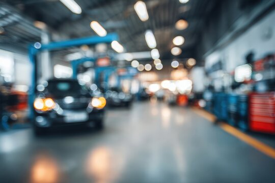 Vague auto workshop interior with soft focus on car repair scenes