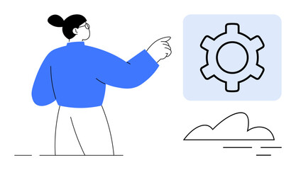 Individual interacting with gear icon, denoting configuration, optimization. Ideal for user interface, software settings, app development, teamwork, service management, business strategy simple