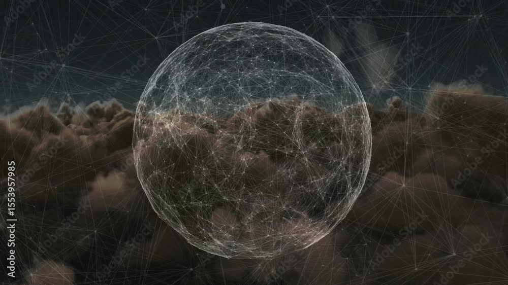 Poster luminous lines forming network sphere pulsating and rotating with clouds drifting showing data flow