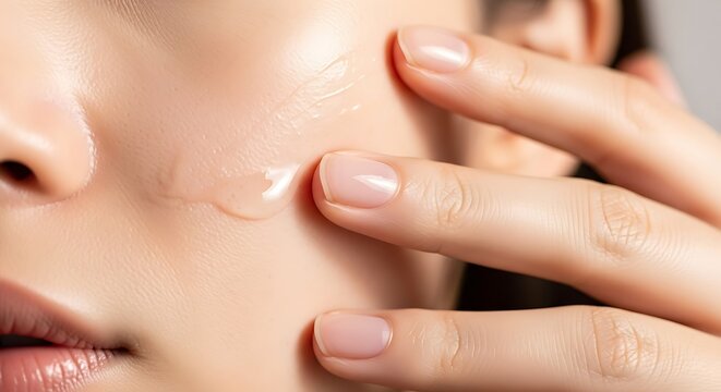 Close-up shot of a person's face as a finger applies clear serum or gel for skincare and beauty treatments highlighting healthy glowing skin