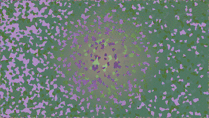 Abstract halftone pattern with scattered geometric shapes and vibrant colors