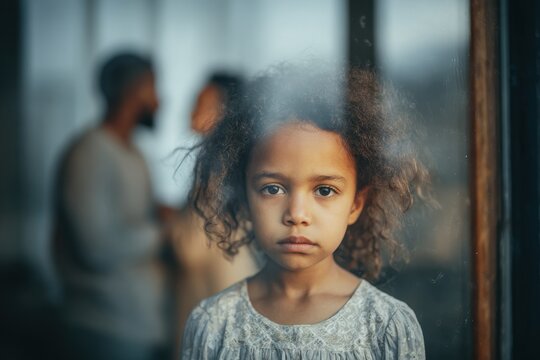 Divorce and abuse Distressed African American girl gazing out the window as her quarrelsome parents argue feeling isolated and sad