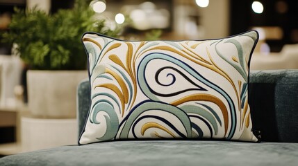 Embroidered decorative pillow with swirling patterns.
