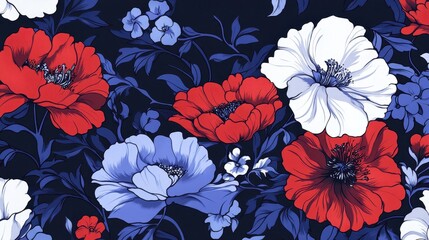 A detailed floral print with red, white, and blue poppies.