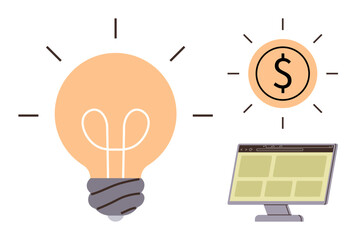 Light bulb for creativity, dollar coin for finance, and computer screen for technology. Ideal for entrepreneurship, innovation, digital business, technology, finance, modern economy simple flat