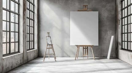Empty art  with large blank canvas on easel.