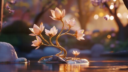 Delicate blossoms adorn a tranquil waterside setting.