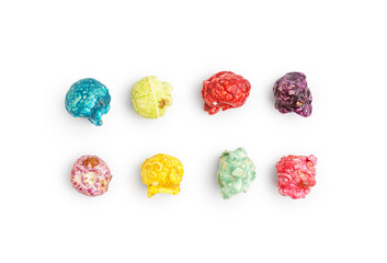 Sweet colorful popcorn on white background